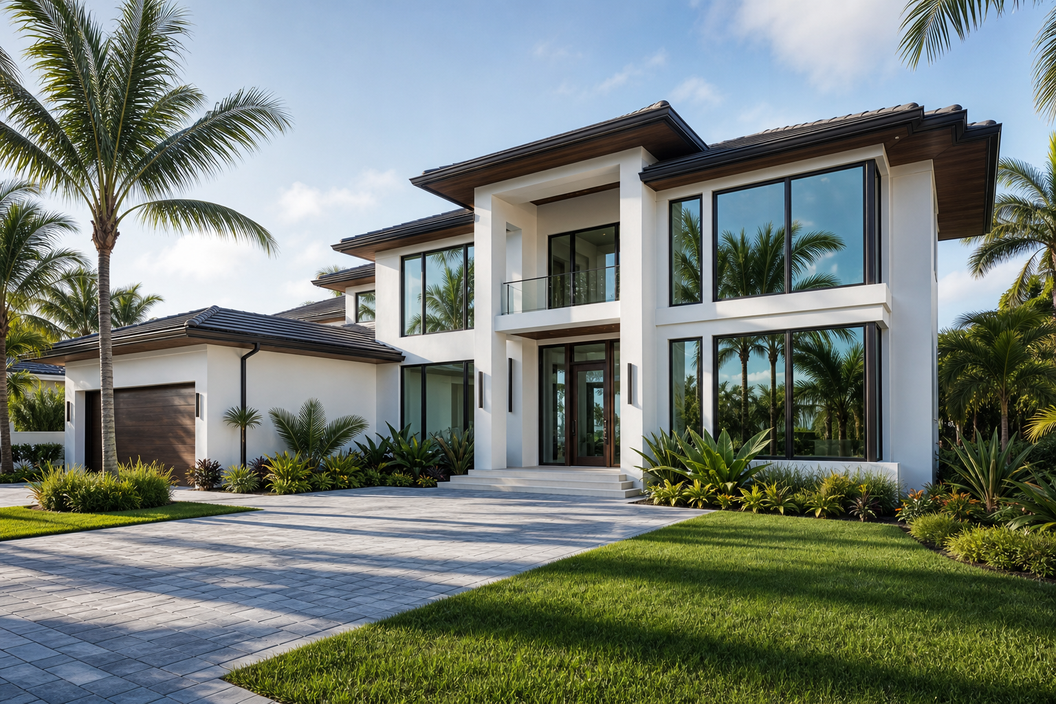Modern South Florida home with impact windows and palm trees
